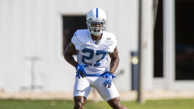 Indianapolis Colts cornerback Xavier Rhodes works out during training camp.